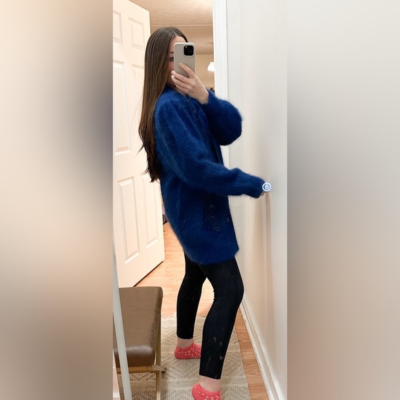 Vintage Lee Sands Angora Rabbit Beaded Floral Embroidered Fuzzy Cardigan Blue - Picture 4 of 11